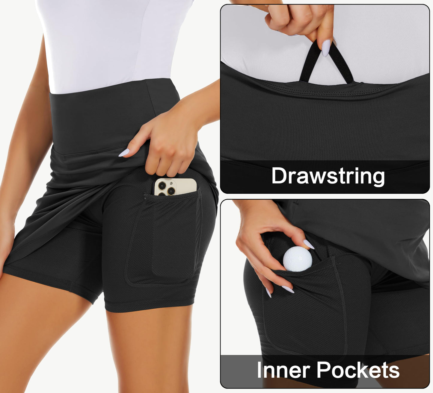 MIVEI 16" Golf Skorts Skirts for Women High Waisted Stretch Athletic Tennis Travel Casual Running with Zipper Pockets UPF50+ Black