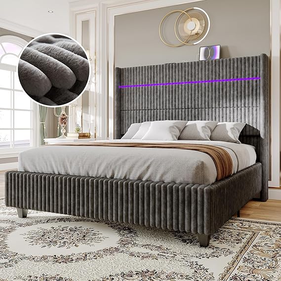 Jocisland Queen Bed Frame with LED Lights, Corduroy Upholstered Platform Bed Frame with 60" Tall Wingback Headboard and Charging Station/No Box Spring Needed/Grey
