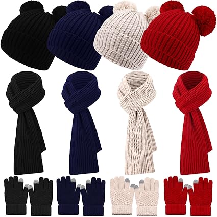 Geyoga 12 Pcs Kids Winter Hat Scarf Gloves Set for Age 1-6 Girls Boys Toddler Knit Beanie with Pom Neck Warmer Mittens Set(Dark Color)