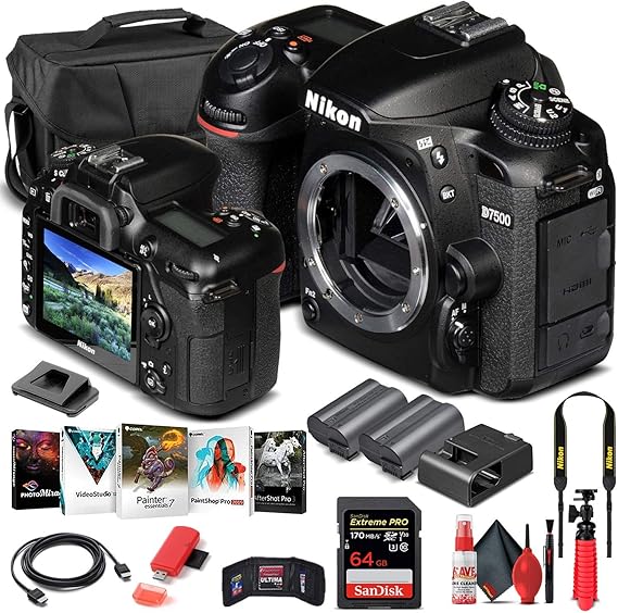 Nikon D7500 DSLR Camera (Body Only) (1581) + 64GB Memory Card + Case + Corel Photo Software + EN-EL 15 Battery + Card Reader + HDMI Cable + Deluxe Cleaning Set + Flex Tripod + Memory Wallet (Renewed)