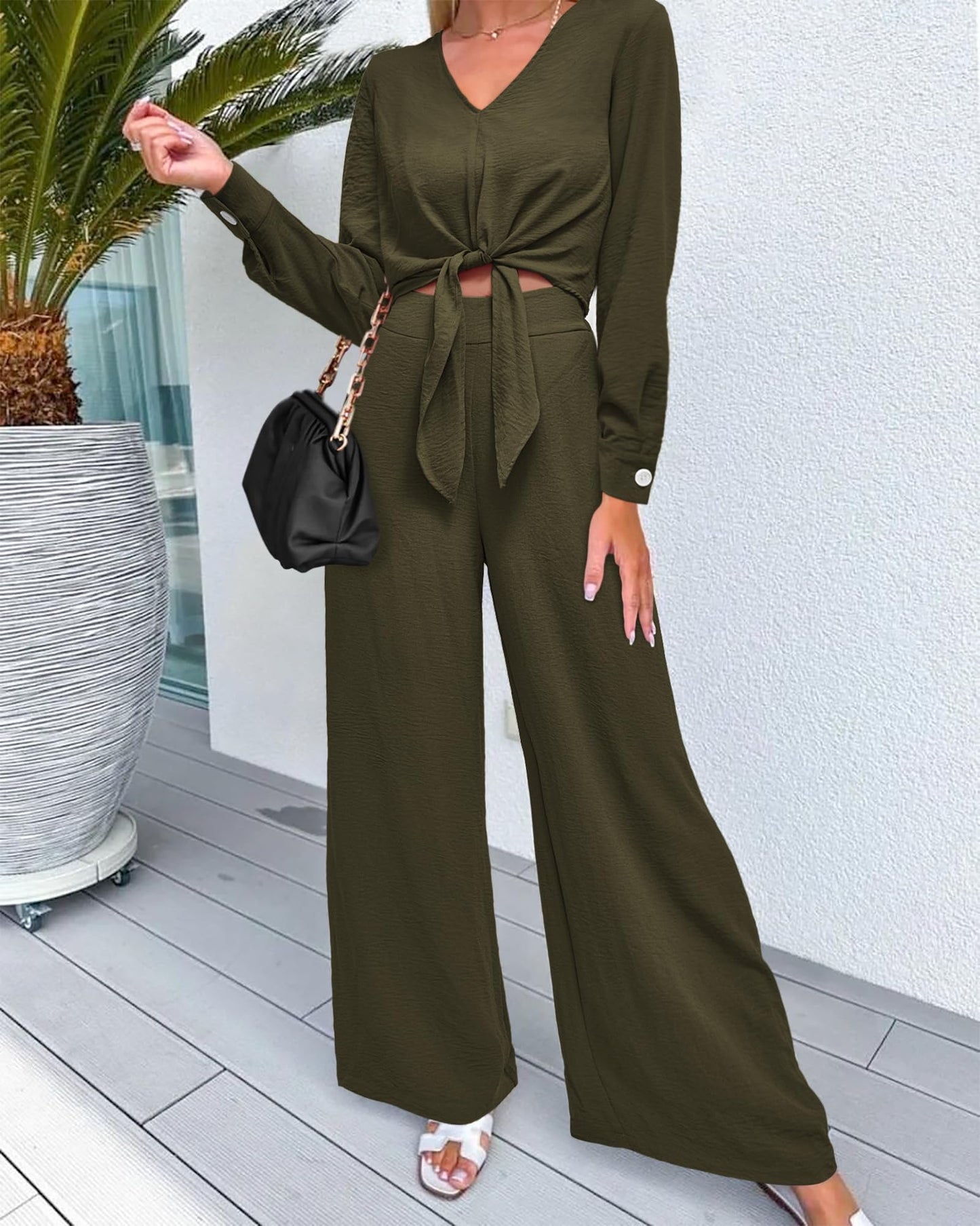 PRETTYGARDEN Women Tunic 2 Piece Sets Smocked Crop Top Wide Leg Pant Sets Dressy Jumpsuits For Work Business Office(Solid Army Green,Medium)