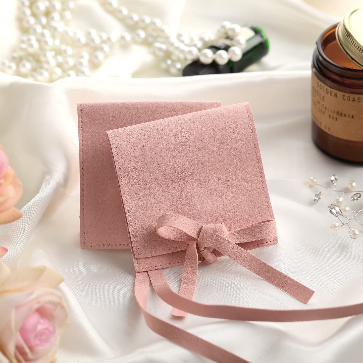 40 Pcs Microfiber Jewelry Pouch 8X8 cm, Luxury Gift Bags Bow Tie - Pink