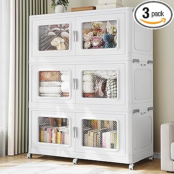 225Gal Extra Large Storage Bins with Lid, 900Qt Plastic Stackable Storage Bins with Wheels, Collapsible Closet Organizer and Storage Drawers for Cabinet, Bedroom, Office, 3 Pack