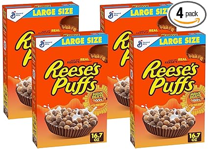 Reese's Puffs, Chocolatey Peanut Butter Cereal, 16.7 OZ Large Size Box (Pack of 4)