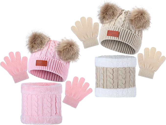 6 Pcs Kids Winter Hat Gloves Scarf Set Warm Knitted Beanie Neck Warmer Gaiter Cold Weather Accessories for Boys Girls Toddlers 1-5 Years Old, Beige and Pink