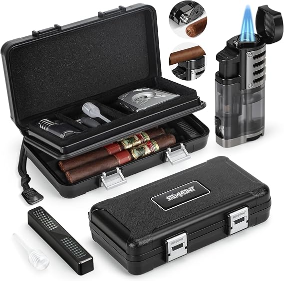 Cigar Humidor, Portable Travel Cigar Box, Double Cigar Humidor with Separate Storage for Cigar Accessories, Cigar Travel Case with Cigar Lighter(No Butane), Holds 5 Cigars (Black)