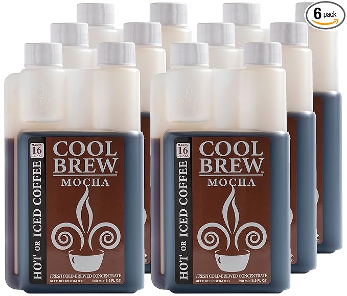 CoolBrew Mocha 6 Pack - 16 DRINKS PER BOTTLE - Fresh Cold Brew Liquid Concentrate - For Iced or Hot Coffee, Unsweetened, No Preservatives