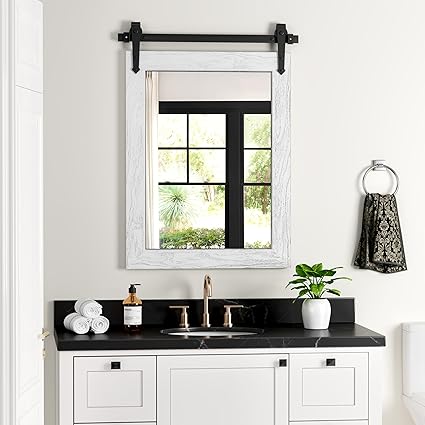 Farmhouse Bathroom Mirror for Over Sink 22Š—�*32Š—�, Barn Door Mirror, Rustic Wall Mirror for Bathroom White, Living Room, Entryway