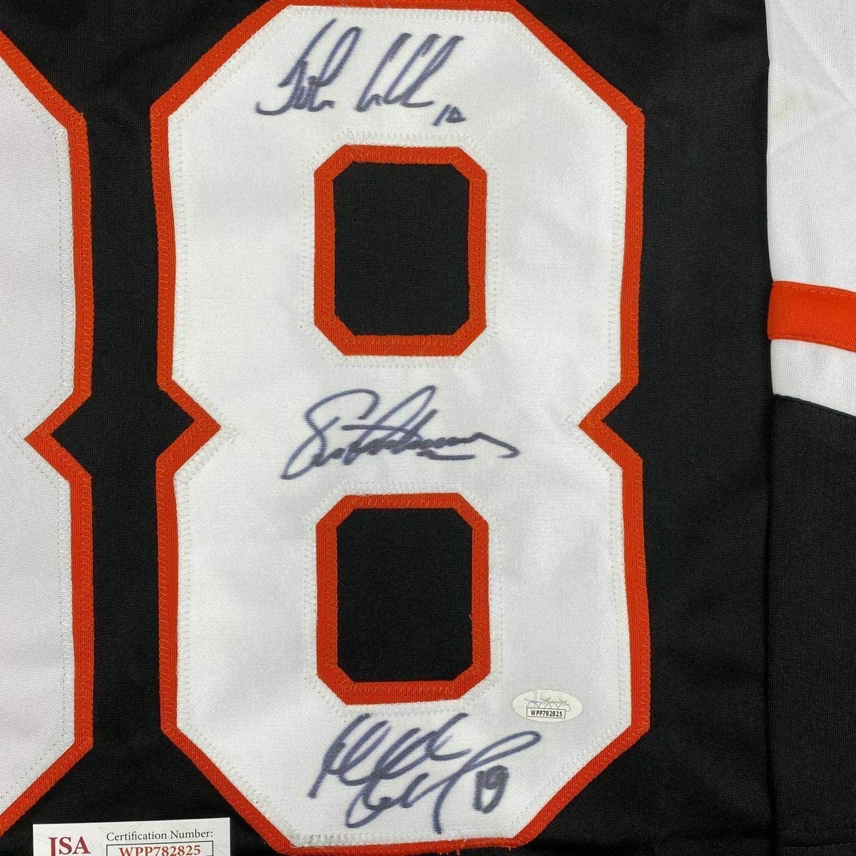 Framed Autographed/Signed Legion of Doom Eric Lindros, John LeClair & Mikail Renberg 35x39 Philadelphia Black Hockey Jersey JSA COA