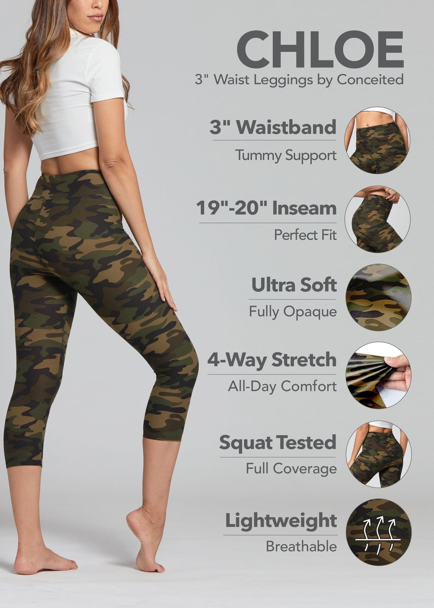 Conceited Camo Print Premium Ultra Soft High Waisted Capri Leggings for Women - 3" Wide Band - One Size - PL3-Capri-F-120-SM