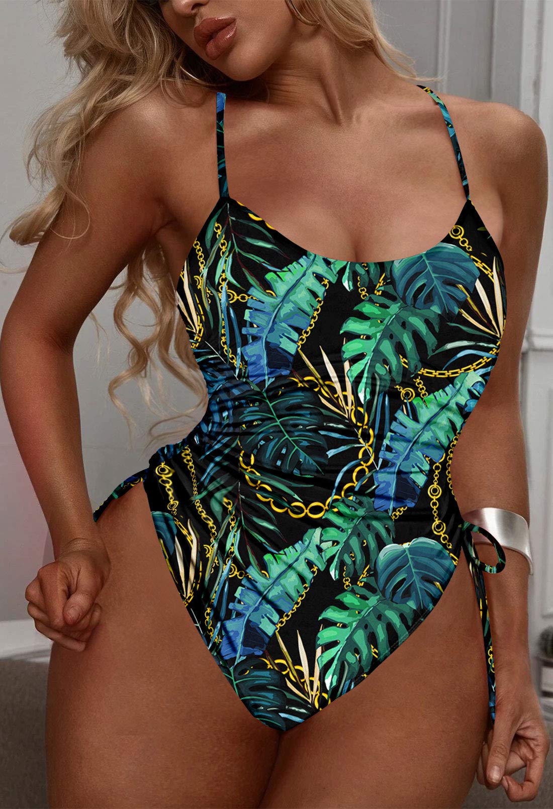 Viottiset Women's One Piece Swimsuit Ruched Drawstring High Cut Cheeky Bikini Bathing Suit Turquoise Large