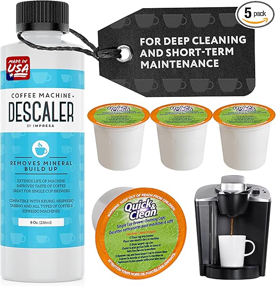 Impresa Descaler Solution and Cleaning Kit Bundle Pack - Includes 1 Bottle of 8 oz Coffee Descaler and 4 Cleaning Pods - All-In-One Coffee Cleaning Kit - Compatible with Keurig K-Cup Pod Machines