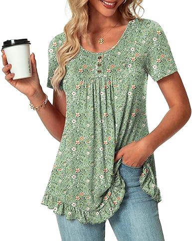 POPYOUNG Tunic Tops for Women Dressy Loose Fit Casual Short Sleeve Long Shirts Ruffled Hem Blouse wear with Leggings