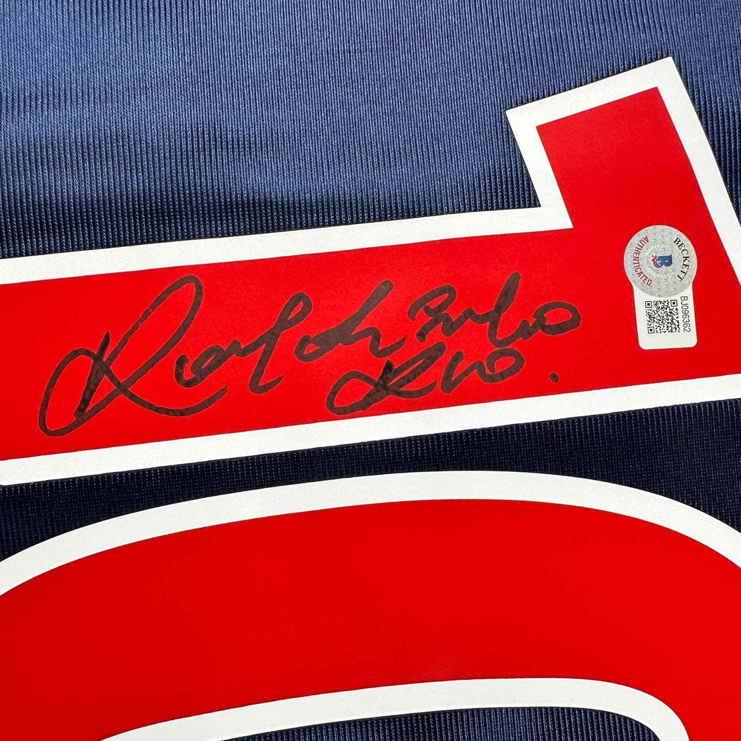 Framed Autographed/Signed Ronaldinho 35x39 PSG Paris Saint Germain Blue Soccer Futbol Jersey Beckett BAS COA