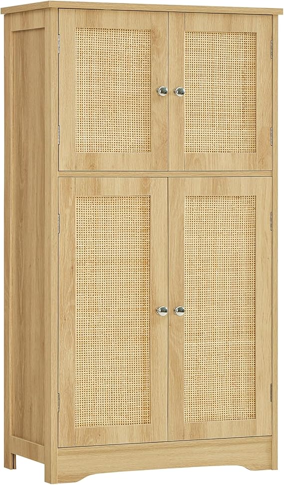 Iwell Storage Cabinet, Rattan Cabinet with 4 Rattan Doors & Adjustable Shelf, Cupboard, Bathroom Floor Cabinet for Living Room, Entryway, Home Office, Natural
