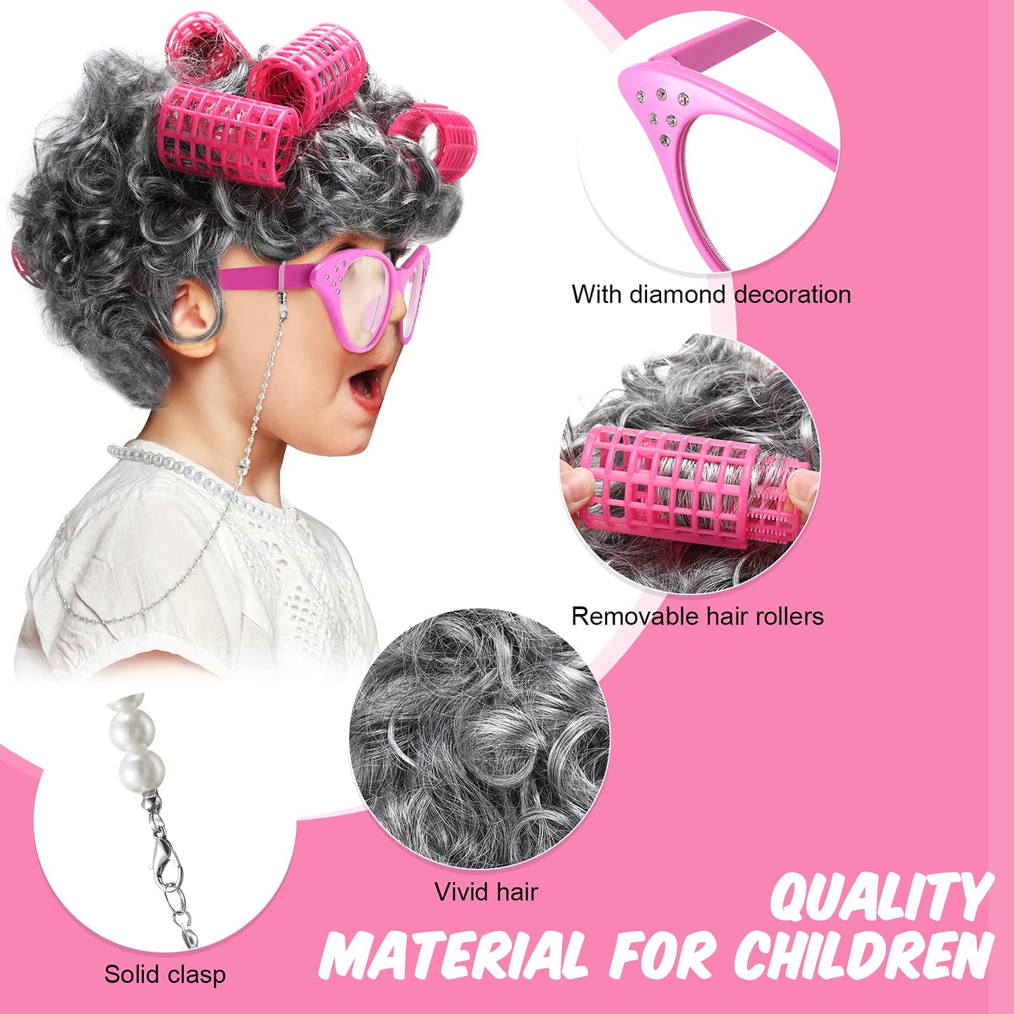 7 Pieces Old Lady Costume Set, Grandmother Wig with Hair Rollers, Halloween KIDS