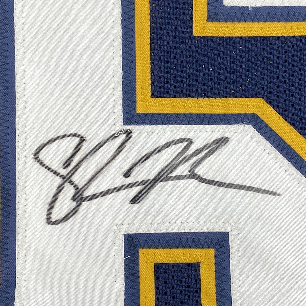 Framed Autographed/Signed Shawne Merriman 35x39 San Diego Dark Blue Football Jersey Beckett BAS COA