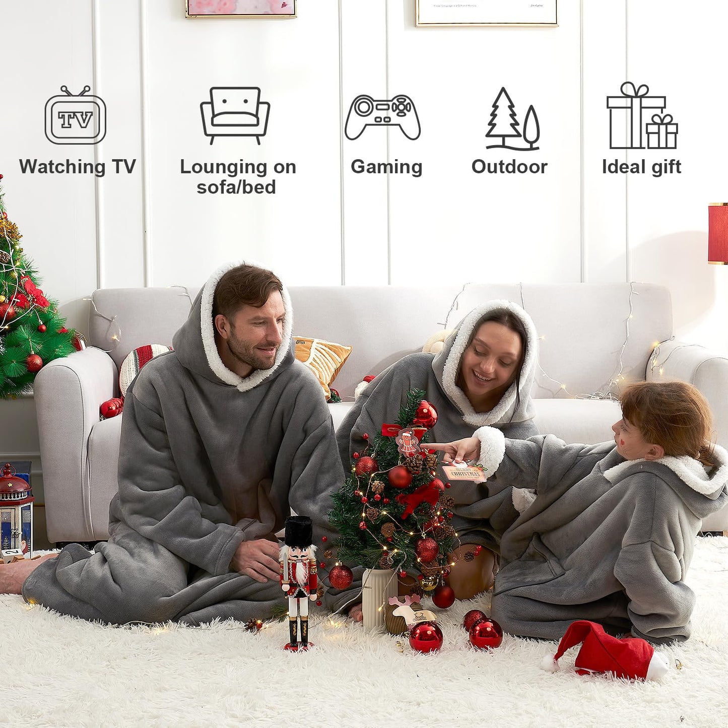 Hansleep Hoodie Blanket with Pocket for Adults - Grey Long 32" x 58"
