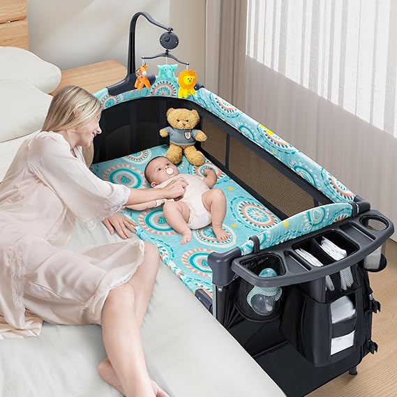 Baby Bassinet Bedside Crib 5 in 1 with Detachable Changing Table, Pack and Play with Mattress, Storage, Music and 3 Adjustable Height, Portable Large Playard for Newborn Baby