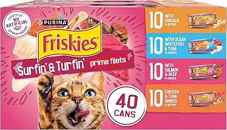 Purina Friskies Gravy Wet Cat Food Variety Pack, Surfin‰۪ and Turfin‰۪ Prime Filets Favorites - (Pack of 40) 5.5 oz. Cans