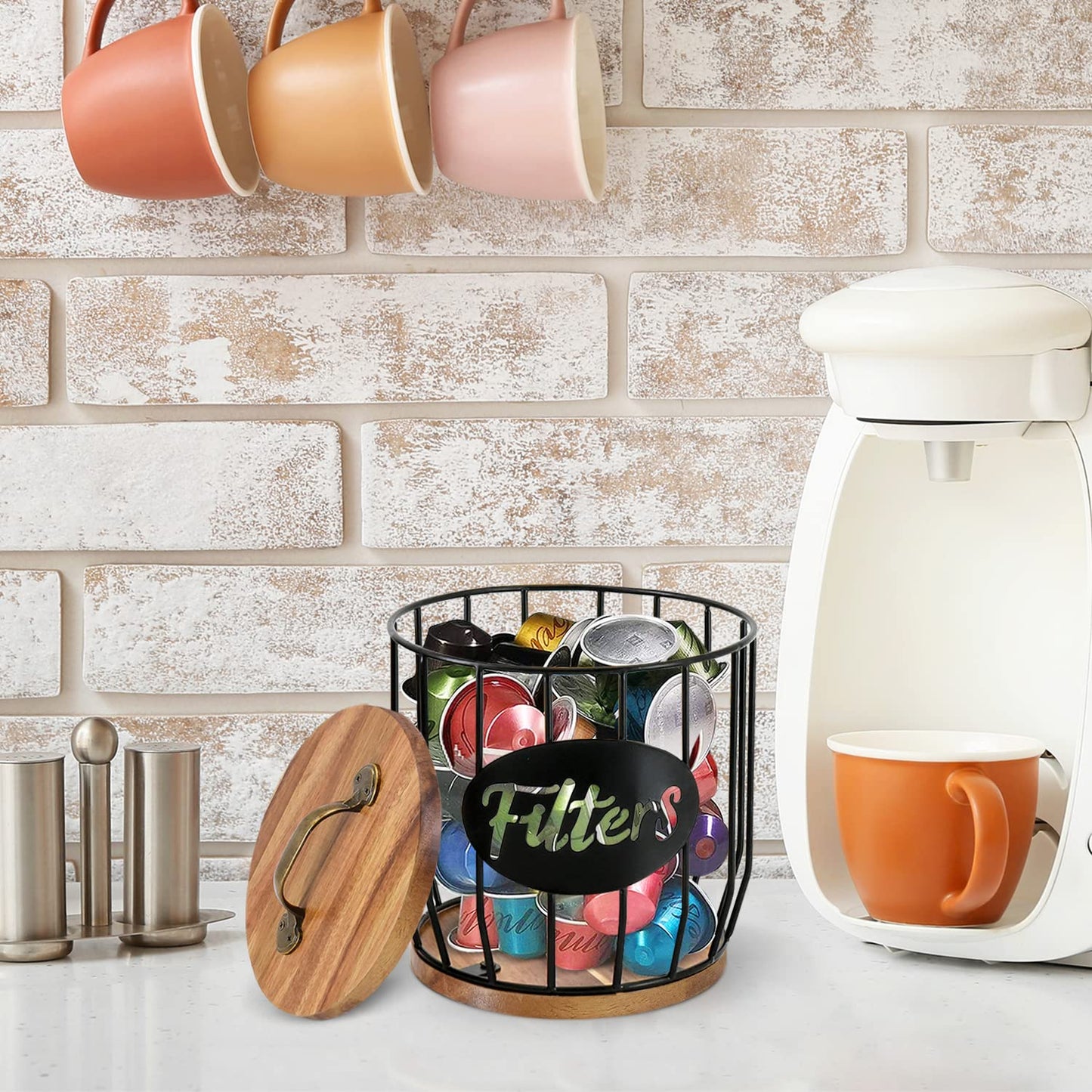 Rustic Coffee Filter Holder with Lid, Acacia Coffee Filter Holder Storage Conta