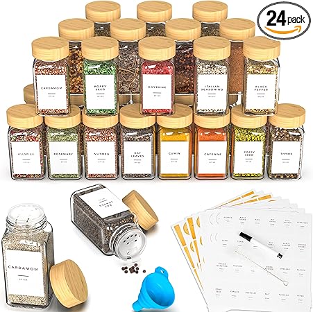 24 Glass Spice Jars with Label, Spice Jar Set with Bamboo Lids 4oz Seasoning Containers Shakers & Spice Labels, Empty Spice Bottles, Kitchen Organization Storage for Cabinet Drawer Decor Essentials