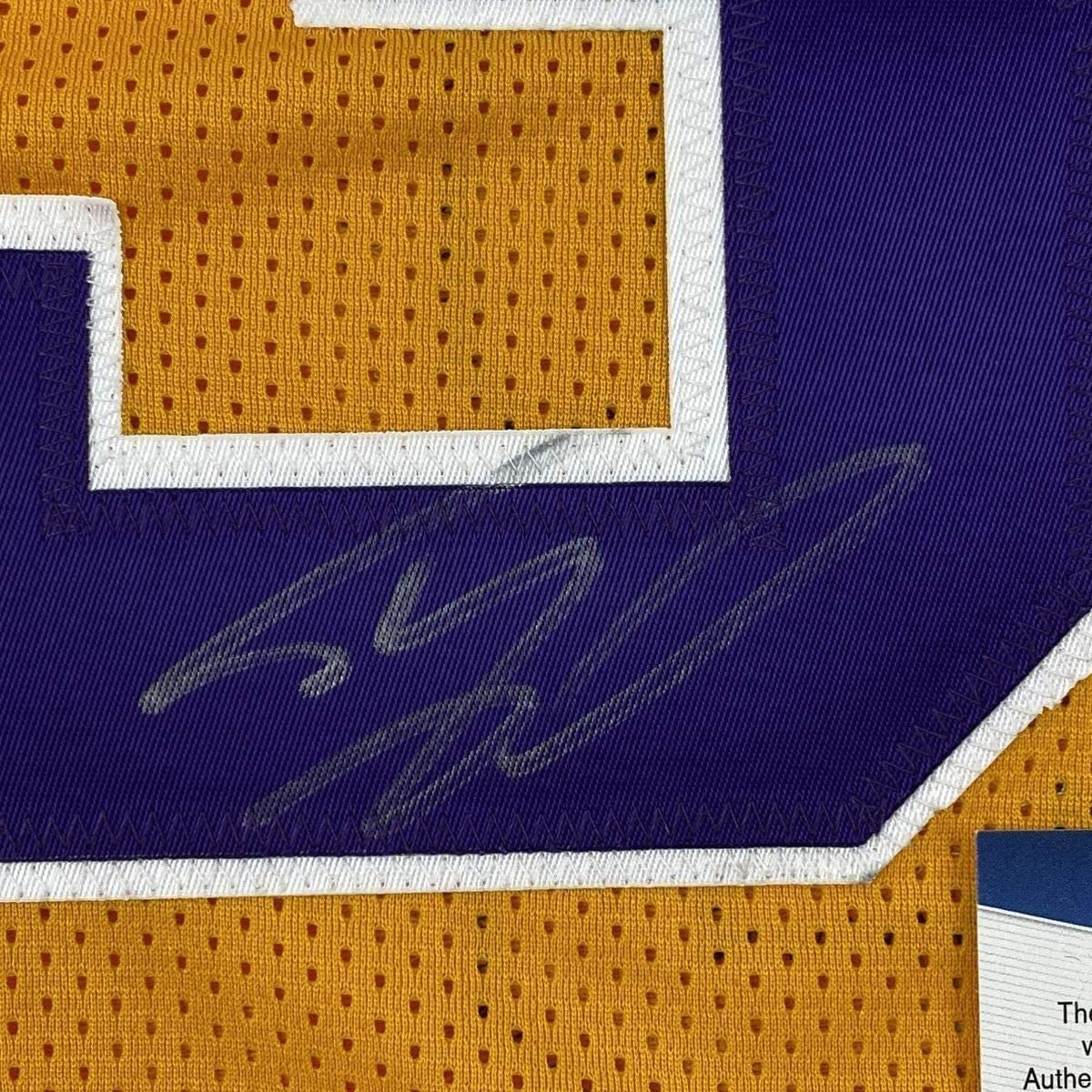 Framed Autographed/Signed Shaquille Shaq O'Neal 35x39 LSU Yellow Basketball Jersey Beckett BAS COA