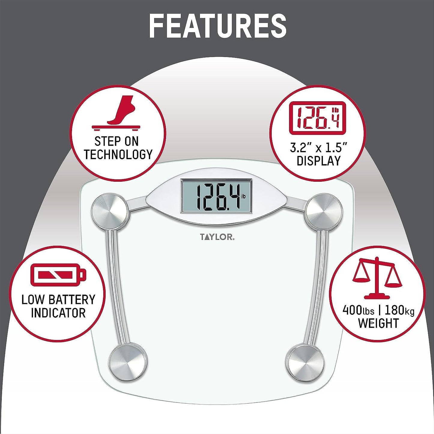 Taylor Digital Bathroom Scale, Highly Accurate Body Weight Scale, Instant On and Off, 400 lb, Sturdy Clear Glass with ChromeFinish Base