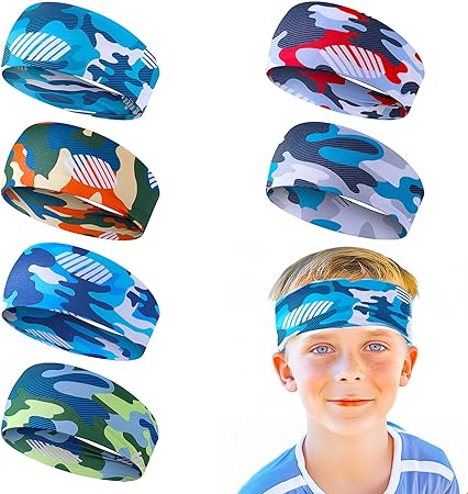 6Pcs Boys Sports Headbands, Breathable Kids Soccer Sweatbands Non-Slip Elastic Headband for Basketball Baseball