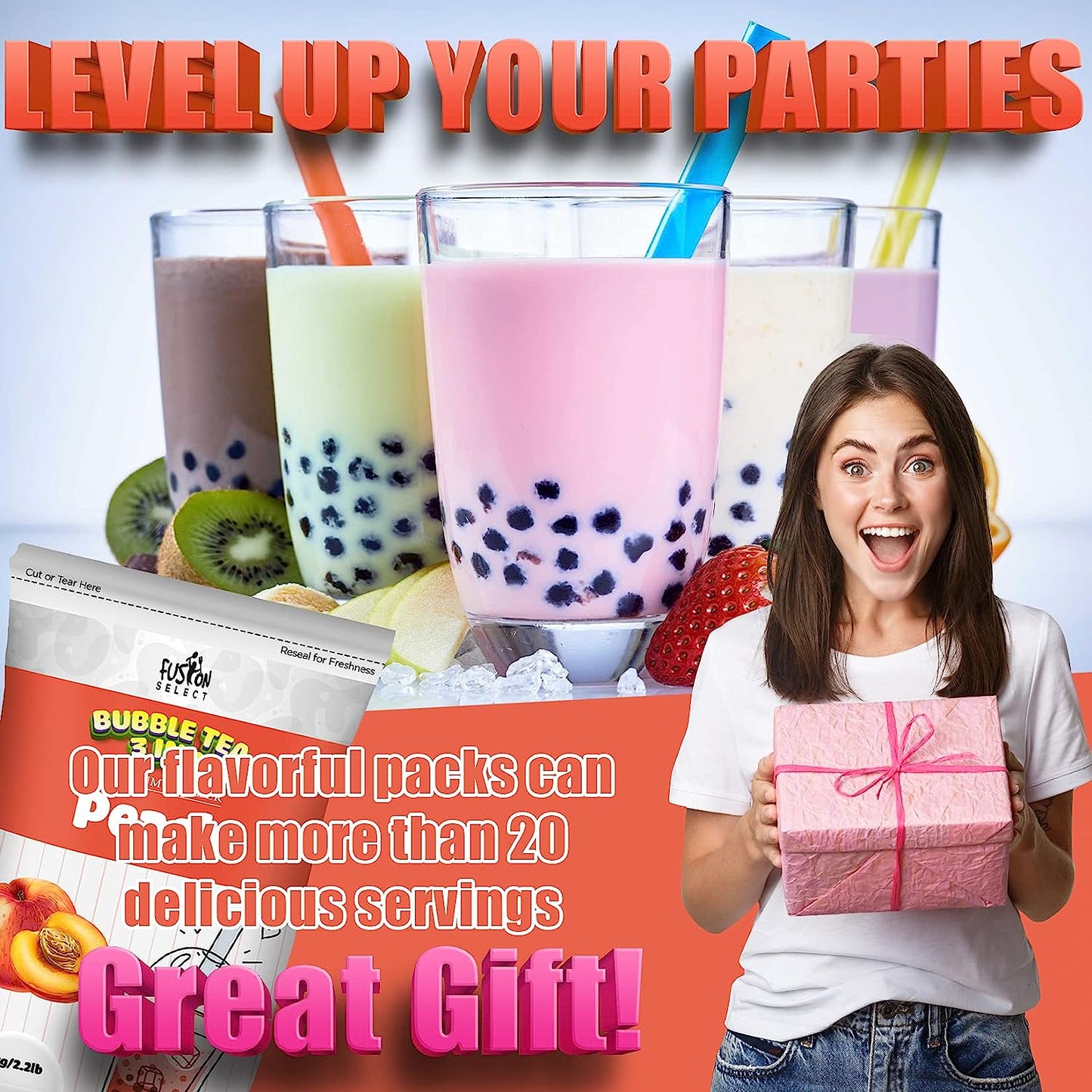 Fusion Select 2.2lb Strawberry Milk Tea Powder Flavored-3-in-1 Drink Boba Tea Powder with Cream & Sugar - Instant Pre-Mixed Beverage for Hot or Cold Blends or Yummy Frappes Bubble Tea