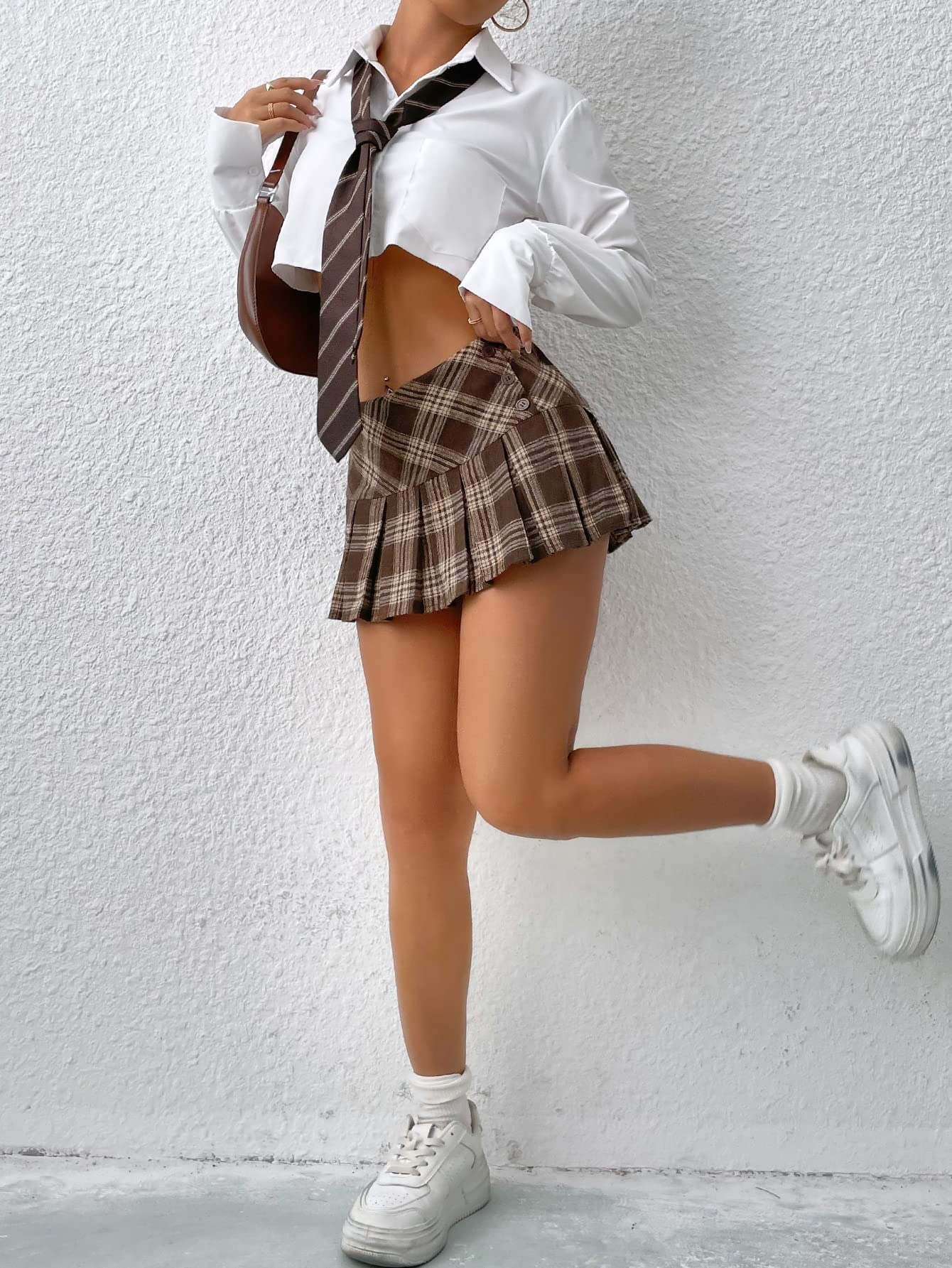 Floerns Women's Plaid Print Pleated Skirt Tartan School Uniform Mini Skirt Brown M