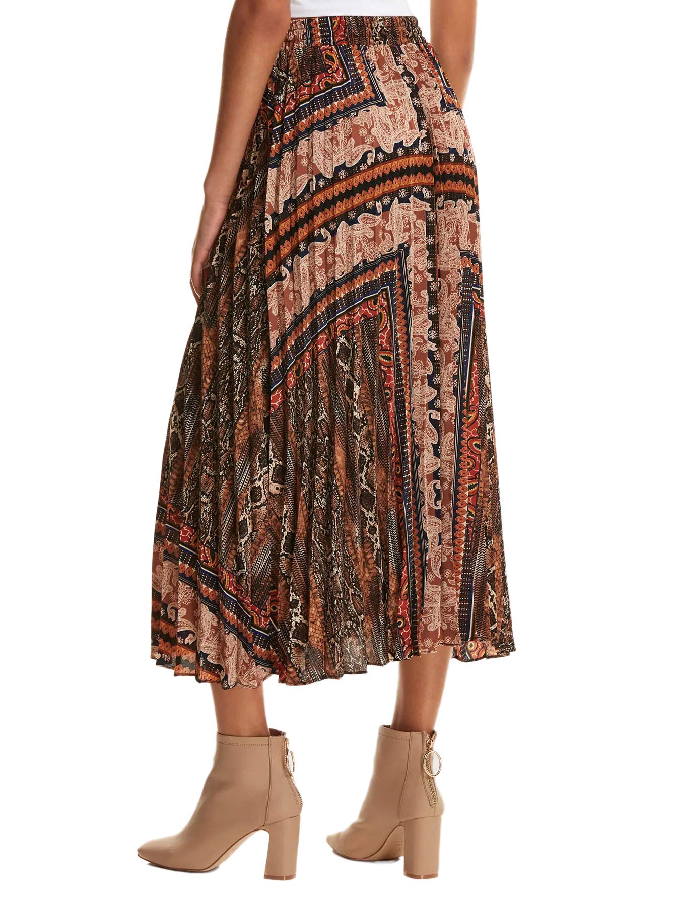 Floerns Women's Boho Elastic Waist Scarf Print Pleated Midi Skirt Multi Scarf S