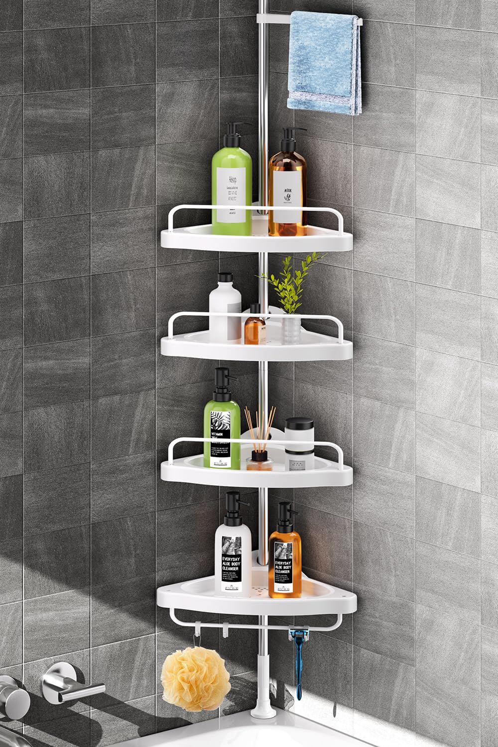 Corner Shower Tension Pole: Adjustable Stainless Steel Organizer 4 Tier Shelf