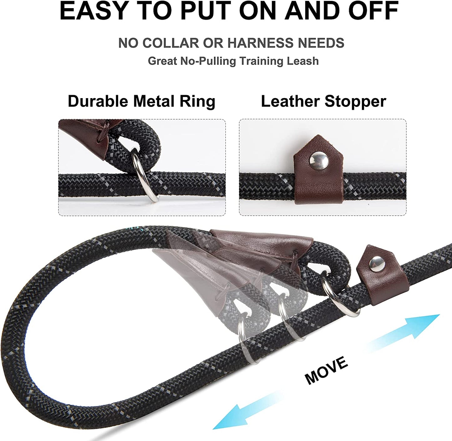 Fida Durable Slip Lead Dog Leash, 6 FT x 1/2" Heavy Duty Dog Loop Leash, Comfortable Strong Rope Slip Leash for Large, Medium Dogs, No Pull Pet Training Leash with Highly Reflective, Black