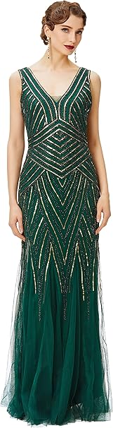 BABEYOND Women's Flapper Dress 1920s V-Neck Evening Gown Sequin Beaded Maxi Dress for Wedding Green Gold