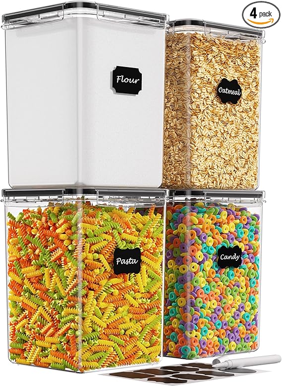 5.4L/183oz Large Food Storage Containers with Lids Airtight, 4 Pack Flour Sugar Storage Containers, Plastic Canisters Sets for Flour, Sugar, Rice, Baking Supplies, with Labels & Maker
