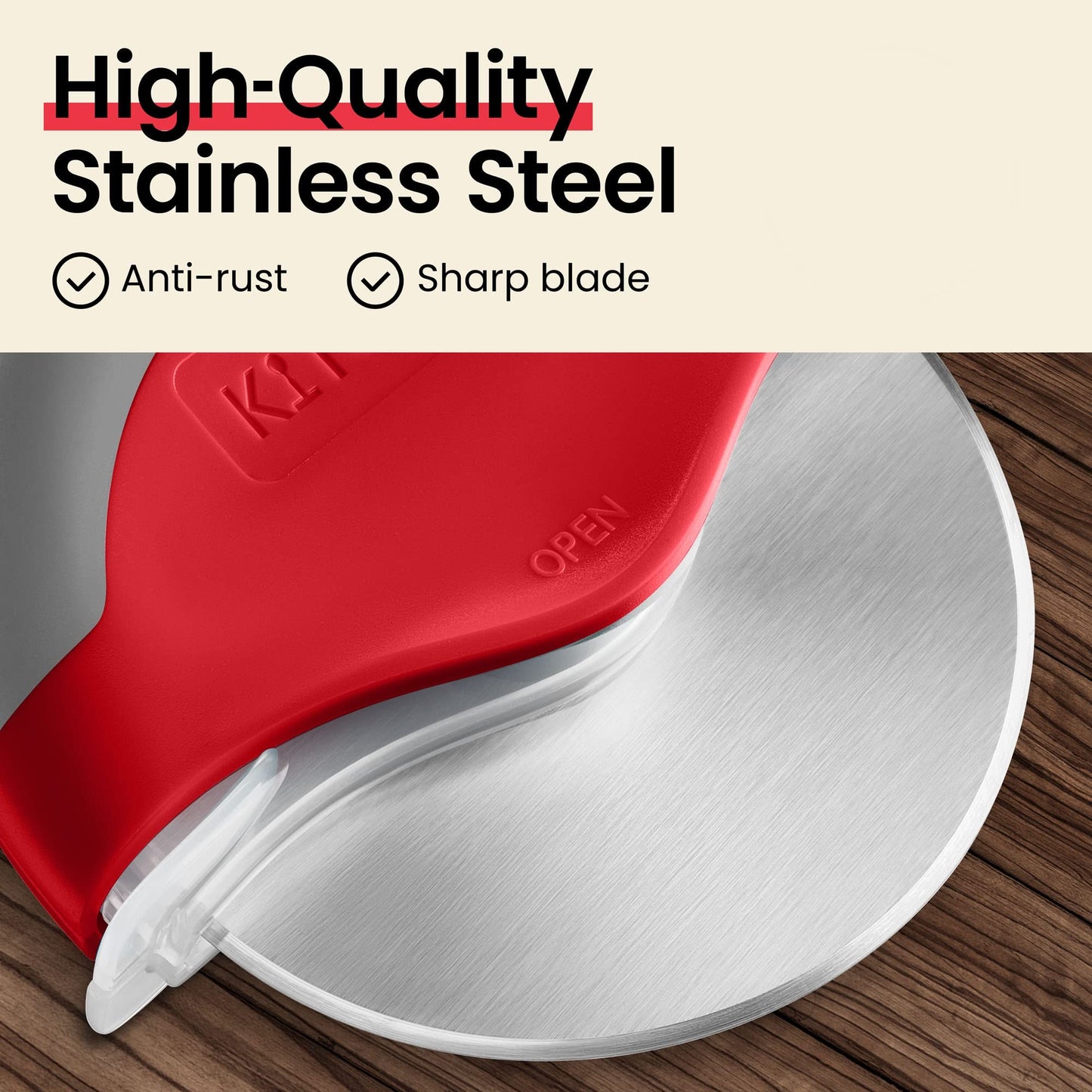 Kitchy Pizza Cutter Wheel w/ Protective Blade Cover, Ergonomic Pizza Slicer, Red