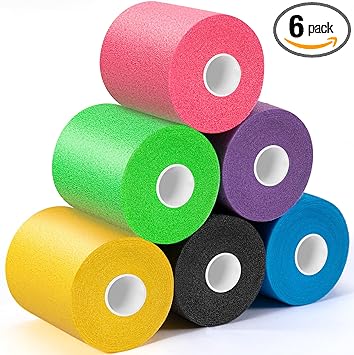 Upgraded 6 Pack Pre Wrap Athletic, Multi Color Prewrap Athletic Tape for Hair Soccer, Soccer Sports Pre Wrap Tape, Pre-Wrap Foam Underwrap Tape - Pink, Black, Blue, Purple, Green, Yellow