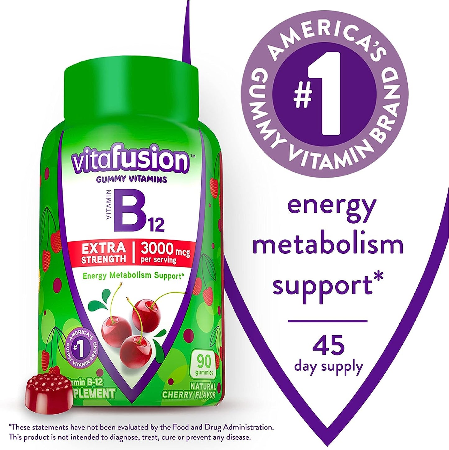 Vitafusion Extra Strength Vitamin B12 Gummy Vitamins for Energy Metabolism Support and Nervous System Health Support, Cherry Flavored, America’s Number 1 Gummy Vitamin Brand, 45 Day Supply, 90 Count