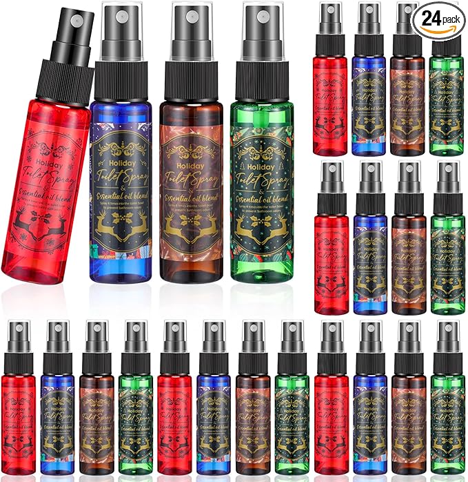 24 Pcs Valentine Toilet Spray 1 oz Mini Size Holiday Pocket Bathroom Toilet Spray Travel Essentials Christmas Stocking Stuffers Gift for Men Women, 4 Scents