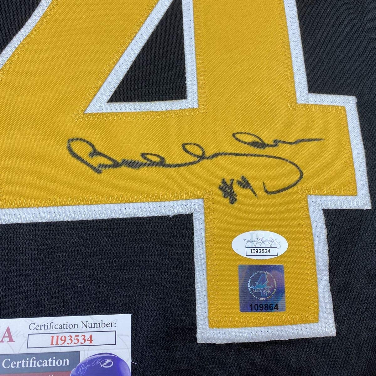 Framed Autographed/Signed Bobby Orr 35x39 Boston Black Hockey Jersey JSA & GNR COA