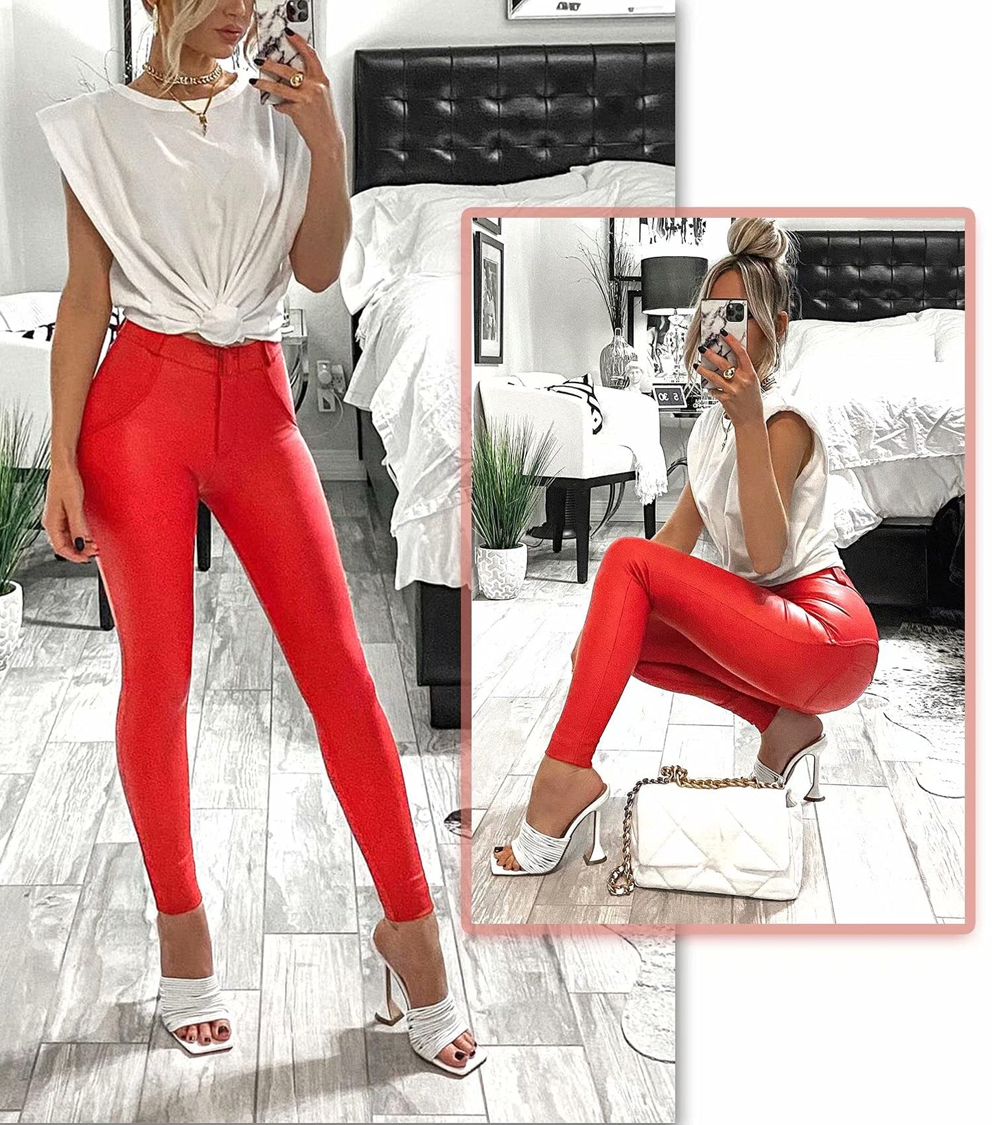FITTOO Red Leather Pants for Women Sexy Black Widow Costume Bodysuit for Women Red Medium