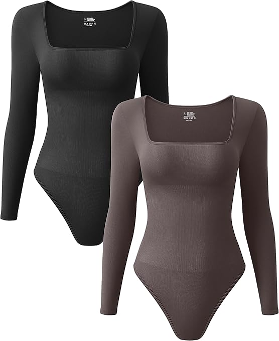 OQQ Women's 2 Piece Bodysuits Sexy Ribbed One Piece Square Neck Long Sleeve Tops