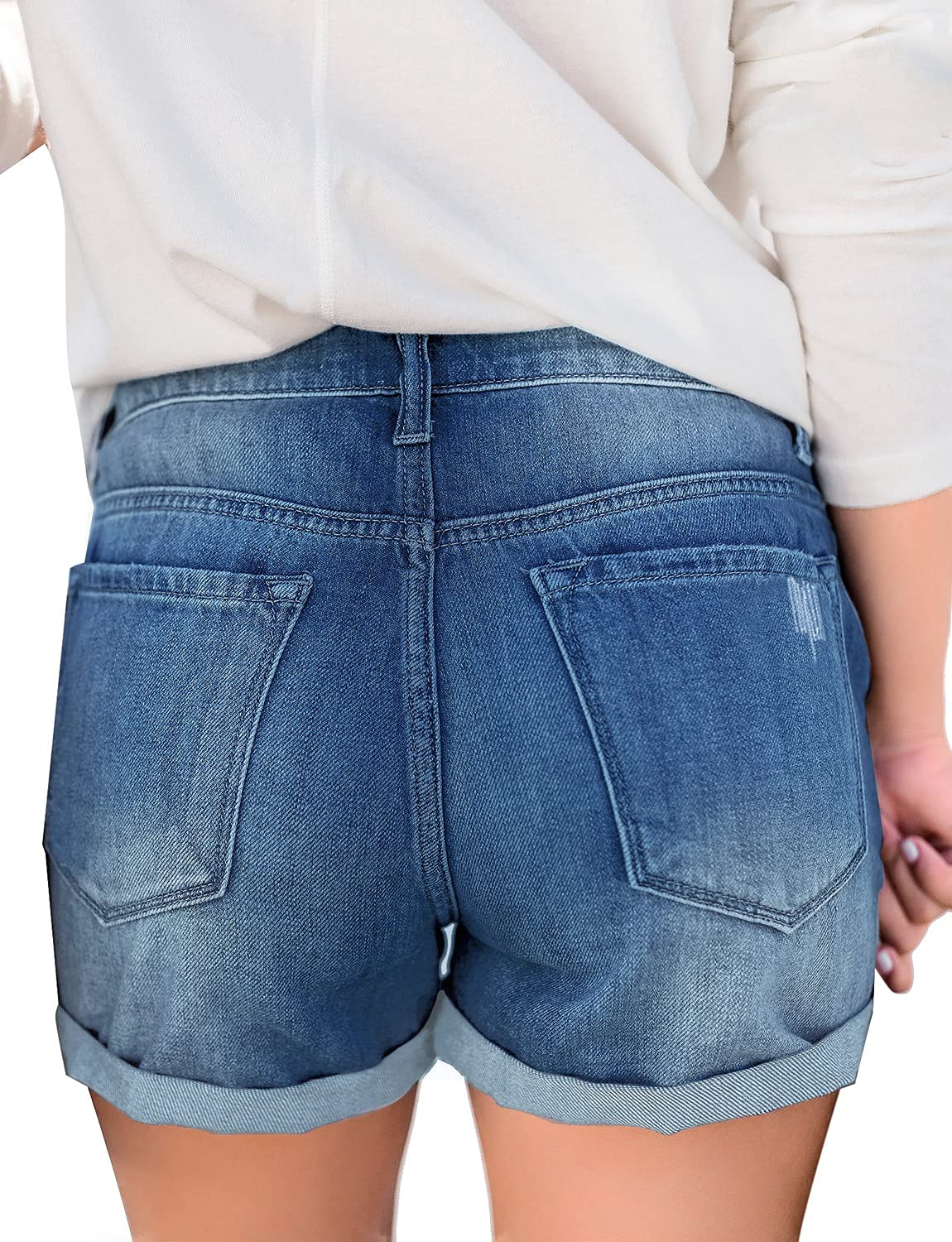 LookbookStore Women's High Waisted Jean Shorts Ripped Distressed Button Fly Cuffed Hem Short Denim Jeans Pants Lapis Air Size Medium Fits Size 8 to Size 10