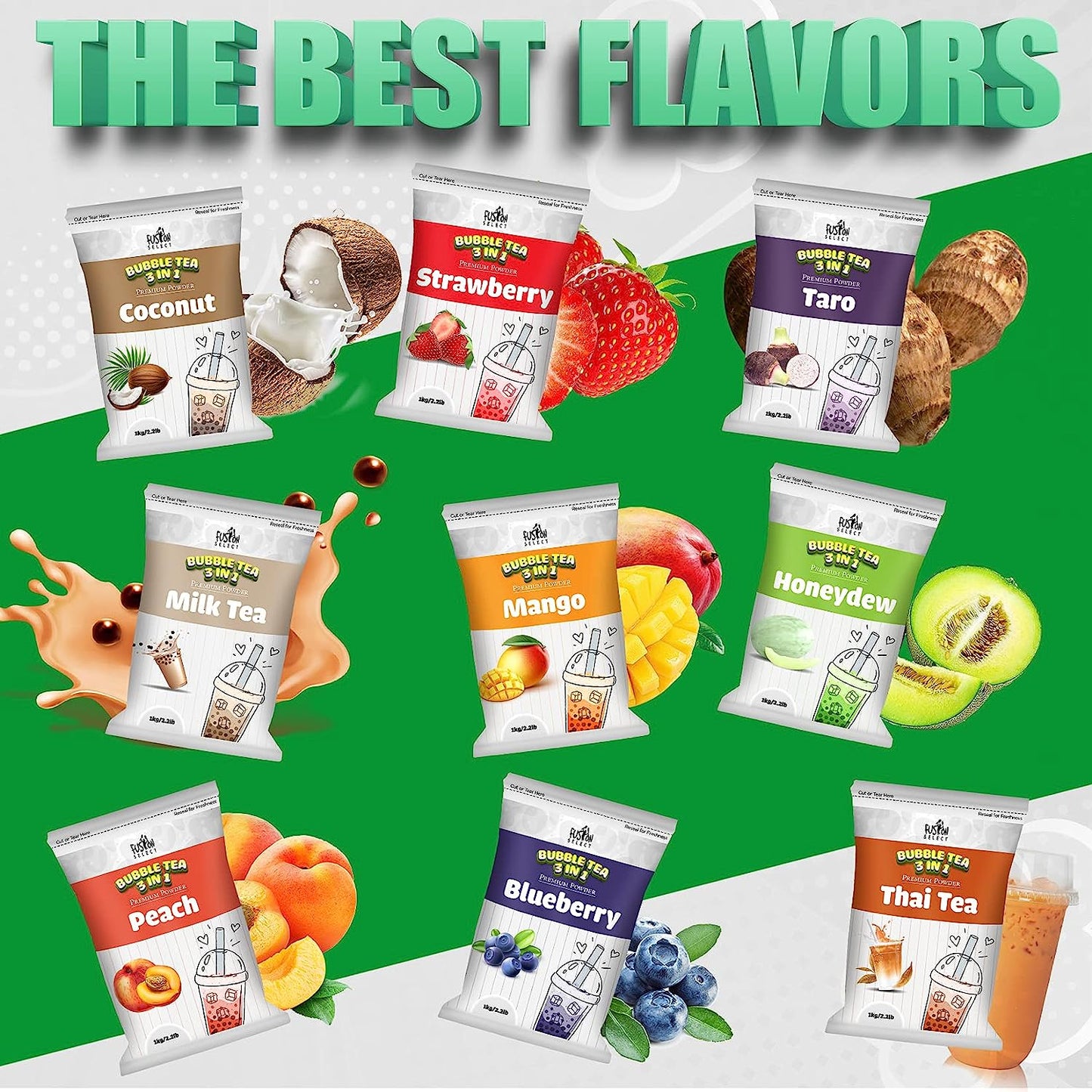 Fusion Select 2.2lb Strawberry Milk Tea Powder Flavored-3-in-1 Drink Boba Tea Powder with Cream & Sugar - Instant Pre-Mixed Beverage for Hot or Cold Blends or Yummy Frappes Bubble Tea