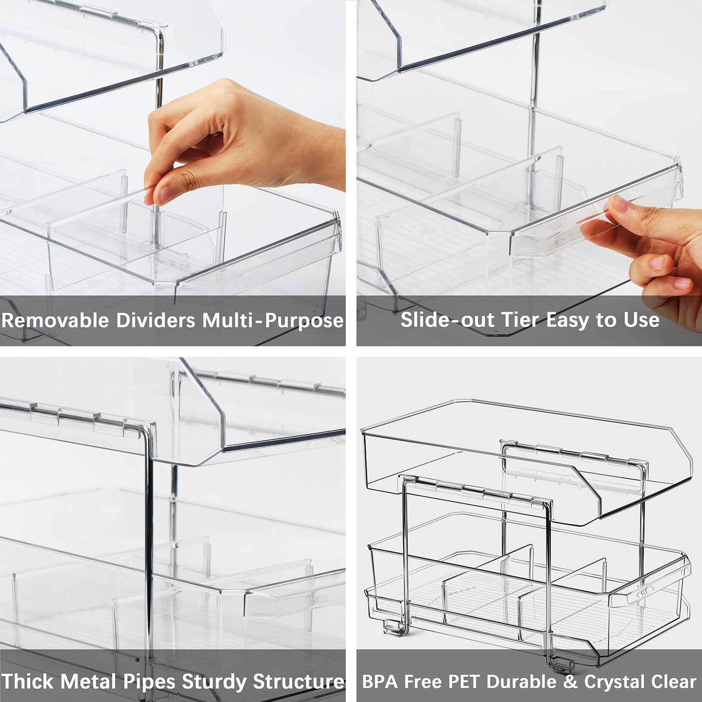 Simetufy 2 Tier Clear Organizer with Dividers, Multi-Purpose Slide-Out - 1 Pack