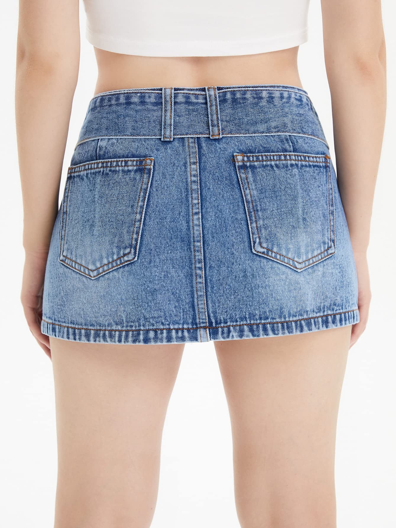 Floerns Women's Casual Buckled Belt Drop Waist Straight Denim Mini Skirt Blue M