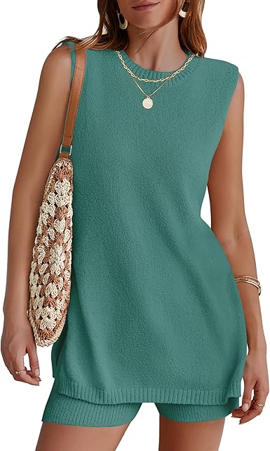 NENONA Women's Summer Sleeveless Sweater Lounge Sets Casual Loose Fit Tunic Tops and Shorts 2 Piece Vacation Outfits