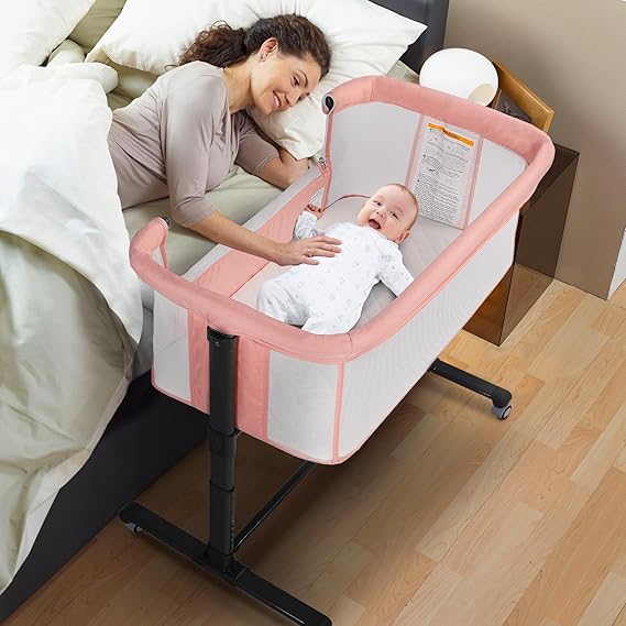 Baby Bassinet Bedside Sleeper, 2 in 1 Folding Portable Newborn Bedside Sleeper w/Storage Basket, All-Sided Mesh Infant Travel Crib for Toddlers, 6 Adjustable Height, Comfy Mattress, Pink