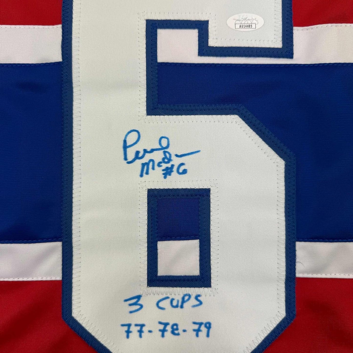 Framed Autographed/Signed Pierre Mondou "3 Cups 77-78-79" 35x39 Montreal Red Hockey Jersey JSA COA